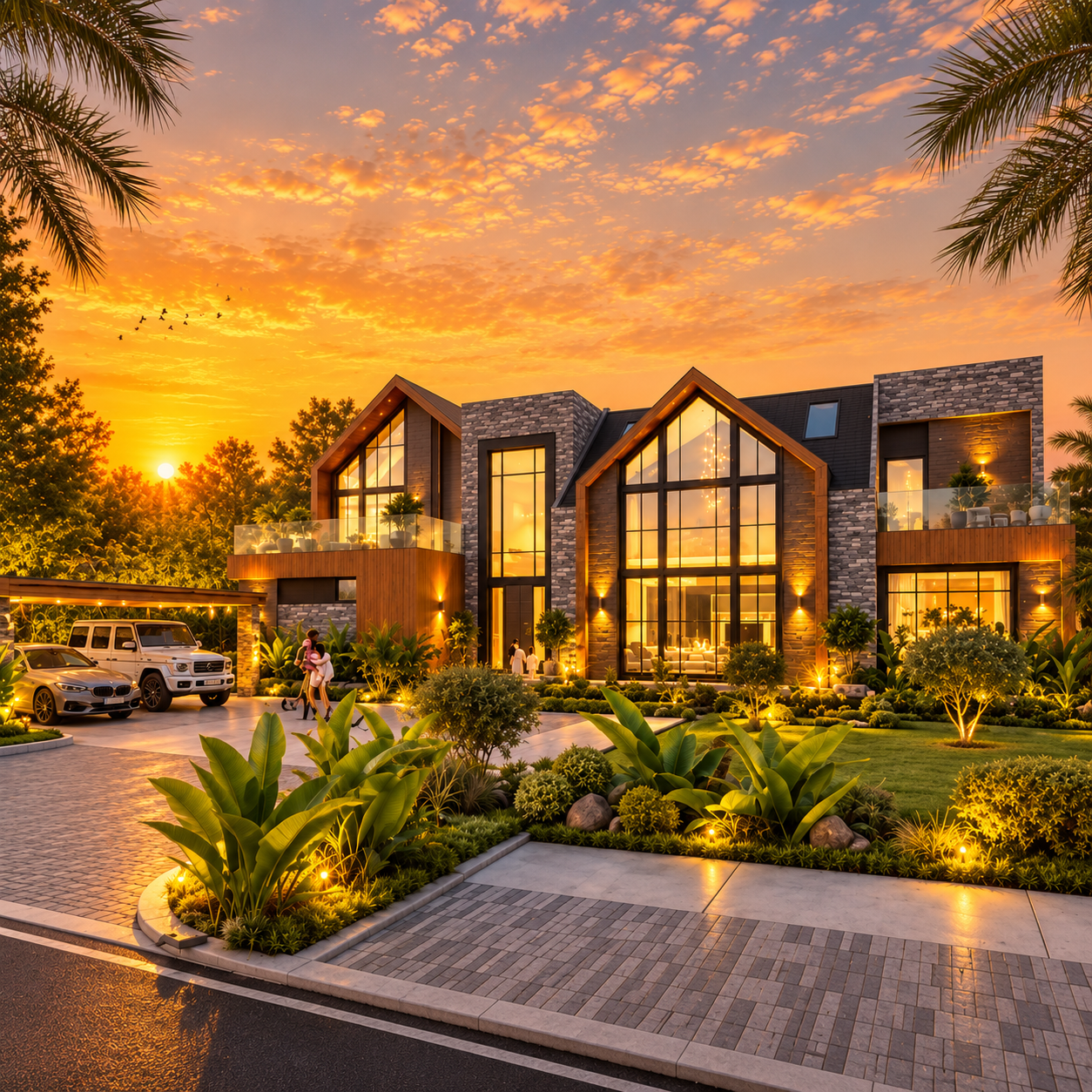Contemporary farmhouse with landscaped gardens and palm trees at sunset